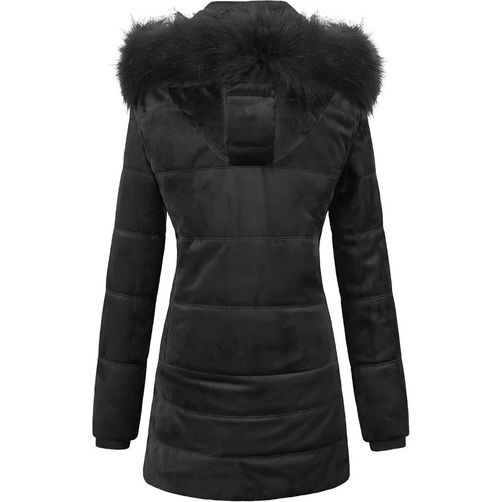 Women's Black Winter Warm Coat Velvet Quilted Faux Fur Hood Puffer Jacket - Picture 2 of 7